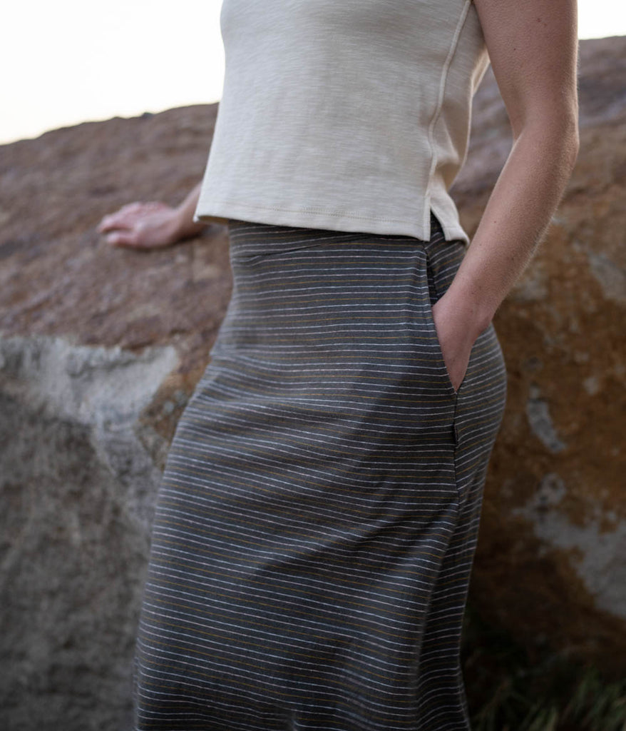 A close-up of Primary Stripe Skirt in petra stripe by Deso Supply Co. 2