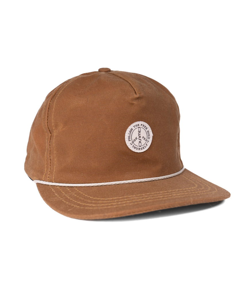 Follow The Free 5 Panel Cap in field tan color by Deso Supply Co. front.