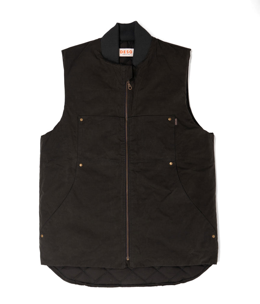 Waxed Hard Chore Vest in deep olive color by Deso Supply Co. 1