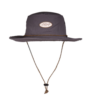 Grey Cotton Ripstop Bucket Hat with a patch in the center and a paracord draw string