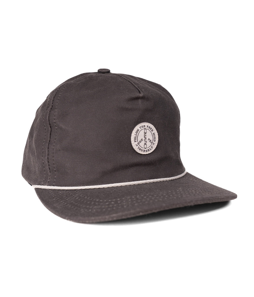 Follow The Free 5 Panel Cap in charcoal color by Deso Supply Co. front.